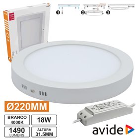 Painel Leds Redondo Superfície 18W 220Mm 4000K 1490Lm Avide