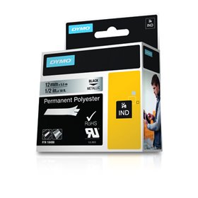 Etiquetas original Dymo Rhino ID1-12 para etiquetadora - Texto preto em fundo prateado - Largura 12 mm x 5,5 metros - 18486