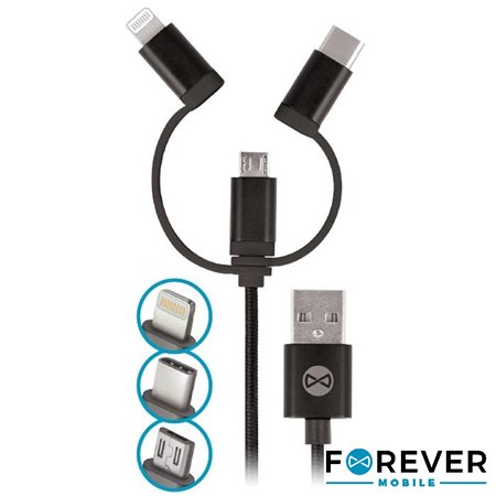 Cabo Usb-A 2.0 Macho / Micro Usb-B Usb-C E Apple 8P 1M Preto